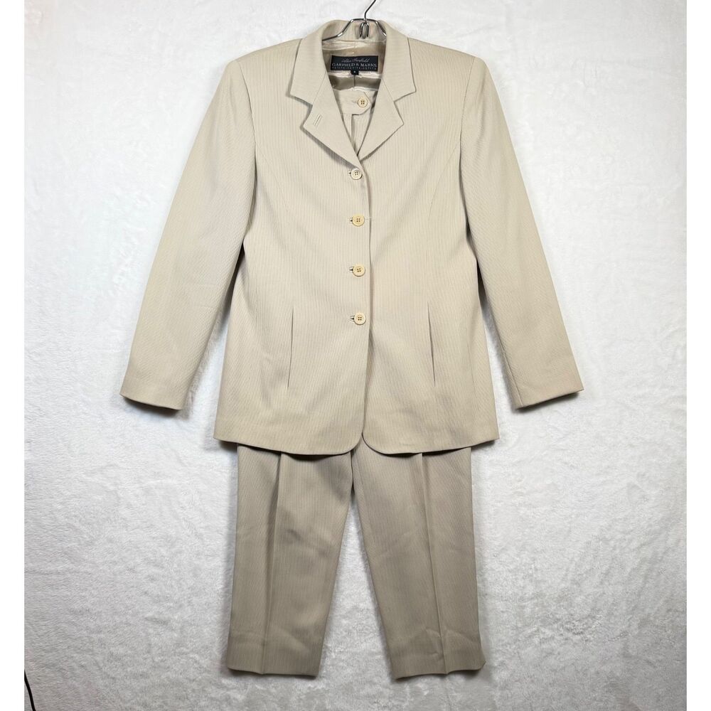 Alex Garfield Garfield & Marks Petite 2 Pc Pant Suit Beige Textured Career USA